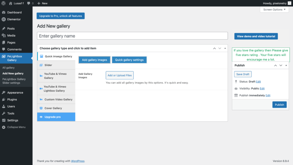 PeLighbox Gallery dashborad